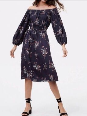 LOFT Navy Floral Off Shoulder Midi Dress Size Large